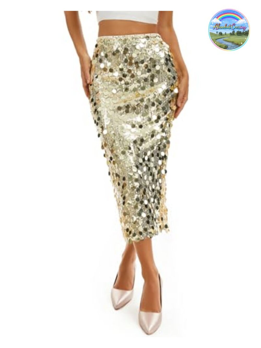 High Waist Midi Sequin Skirt Side Slit Stretchy Sparkle Night Out Cocktail